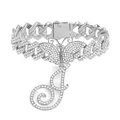 Iced Out Schmetterling mit J-Initialanhänger an 15mm silberner Panzerkette Fußkette - Buchstabe J Stil / Silber