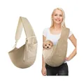 Beige quilted pet sling carrier for small dogs and cats with adjustable strap - Camel