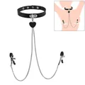 Adjustable black leather heart choker with connected chain nipple clamps SKU view - Black Heart Clamps / Black