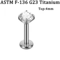 Premium ASTM F-136 G23 Titanium labret stud met 4mm ronde heldere CZ-steen inleg - 4mm Ronde Zirkonia / 1.2*8mm / Staalkleur