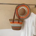 Large capacity straw woven beach tote bag with matching orange and white striped sun hat set - Bag With Hat Set / Orange
