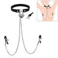 Sexy black leather choker with heart lock and chain nipple clamps, variant SKU view. - Heart Lock Clamps / Black