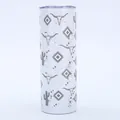 20oz white stainless steel skinny tumbler with grey cow skull and cactus pattern - Retro Southwest Cactus (Style 14)