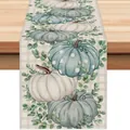 Chemin de table d'automne avec motifs de citrouilles bleues et blanches sur bois - 33*183cm / Style Citrouille Eucalyptus (ZQ36-4)