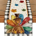 Runner da tavola autunnale del Ringraziamento con tacchino e foglie d'acero colorate - Stile Tacchino con Cilindro e Quadri / 33x120cm / Crema (50)