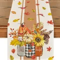 Runner da tavola autunnale con stampa di zucca e foglie d'acero per decorazioni - Stile Vaso Girasole e Zucca / 33x120cm / Bianco Sporco (11)
