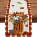 Runner da tavola autunnale con stampa di zucca e foglie d'acero per decorazioni. - Stile Zucca Foglia d'Acero FALL / 33x120cm / Bordo a Quadri Rossi e Bianchi (12)