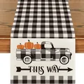 Runner da tavola autunnale del Ringraziamento con stampa camion zucca e design a quadri - Stile Camion di Zucche Vintage (9) / 33x120cm