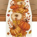 Runner da tavolo autunnale con stampa di zucche e foglie d'acero per il Ringraziamento - Stile a Righe Arancioni e Bianche Zucca Foglia d'Acero (66) / 33x120cm