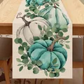Runner da tavola rustico con zucche ad acquerello bianche e blu per decorazioni autunnali - Stile Zucca Blu Fresco ed Eucalyptus (13) / 33x120cm