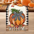 Runner da tavola autunnale del Ringraziamento con stampa zucca foglia d'acero e scritta Welcome - Stile Zucca con Fiocco WELCOME (24) / 33x120cm