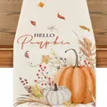 Runner da tavola autunnale con stampa Hello Pumpkin e foglie di acero per il Ringraziamento. - Stile Zucca Arancione e Bianca HELLO Pumpkin (16) / 33x120cm