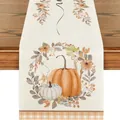 Runner da tavola autunnale del Ringraziamento con stampa di zucca e foglie di acero - Stile Zucca Floreale con Bordo a Quadri (59) / 33x120cm