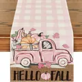 Runner da tavola autunnale a scacchi rosa con camion di zucche e Hello Fall - Stile Camion a Quadri Rosa (36) / 33x120cm