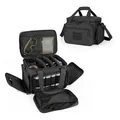 Detailed macro view of the internal compartments in a black tactical shooting range bag - Black