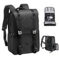 Multi-angle views of a professional large capacity camera backpack with internal compartments - Black