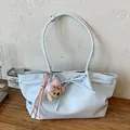 Stylish light blue large capacity underarm tote bag with cute plush bear charm. - With Charm / Blue