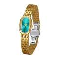 Elegante goldene Damenuhr mit blaugrünem ovalem Zifferblatt und Edelstahlarmband - Tif*any gold blue