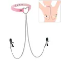 Pink leather heart choker with adjustable metal chains and nipple clamps set - Heart Choker Clamps / Pink