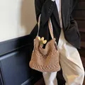 Grand sac fourre-tout en paille marron avec anses colorées pour plage et loisirs - Kaki Bandoulière Colorée