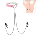 Heart-shaped pink leather choker set with adjustable silver chains and nipple clamps - Patchwork Heart Clamps / Pink White