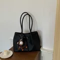 Black pebbled leather tote bag for women, large capacity commuter shoulder bag with charm - With Dachshund Pendant / Black