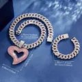 Hip Hop Iced out Silber Cuban Link Halskette und Armband Set mit rosa Herzanhänger - Hohles Herz Kubanische Kollektion / Silber Glitzer Weiß