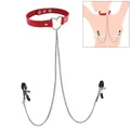 Red leather heart choker necklace with silver nipple clamp chains, adult bondage set - Red Heart Clamps