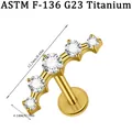 Premium G23 Titan Crescent Labret Stecker mit funkelnden Zirkonen und flacher Rückseite - Großer 5-Stein Stil (NO-7) / 1.2*8mm / Gold