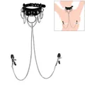 Black leather choker with metal rings and adjustable chains with nipple clamps - Ring Chain Clamps