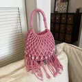 Handmade pink macrame woven handbag with stylish long tassels and wooden beads decoration - Rose Pink