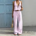 Summer pink striped two-piece set with halter top and wide-leg pants for vacation. - S / Top And Bottom / Pink