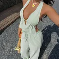 Women's summer vacation 2-piece set with light green striped halter top and pants - S / Top And Bottom / Light Green