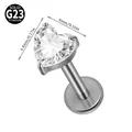 G23 titanium labret stud piercing featuring a clear 4mm heart-shaped cubic zirconia - Claw-Set Heart Style / 1.2*8mm / Silver