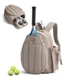 Detailed view of khaki tennis backpack with racket pocket and separate shoe compartment. - 20L / Camel