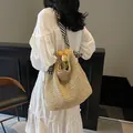 Grand sac cabas en paille tressée avec bandoulière rayée noir et blanc élégante - Blanc Cassé Bandoulière Noire