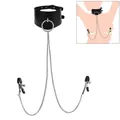Black faux leather choker with silver O-ring and chain-linked adjustable nipple clamps - Large Ring Clamps