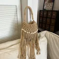Exquisite bohemian handmade woven bucket bag with long tassels and white beads decoration - Khaki