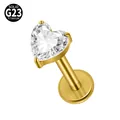 Professional G23 solid titanium heart-shaped labret stud with clear zircon in gold finish - Claw-Set Heart Style / 1.2*8mm / Gold