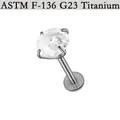 G23 titanium labret stud with brilliant cut zircon and flat back base - Round Zircon / 1.2*8*6mm / Steel