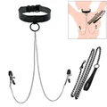 Adjustable black leather choker collar with metal chains and nipple clamps adult toy set - Chain Leash Clamps