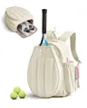 Close-up detail view of cream quilted tennis backpack showing racket and shoe compartments - 20L / Beige