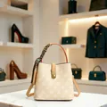 Vintage printed beige bucket bag with silk scarf handle and crossbody strap for women - Milk Tea Apricot