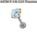 High quality G23 titanium internally threaded labret with iridescent sparkling zircon stone - Round Zircon / 1.2*8*6mm / Steel Tone AB Zirconia