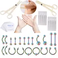Detailed view of a 44pcs professional body piercing tool kit with rainbow jewelry items - 1.2*8+3 (SM202203271) / Rainbow