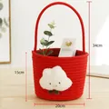 Cute red cotton rope woven storage basket with handle and plush cloud decoration - Red - Cloud
