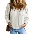 Lässiger weißer Damenpullover mit V-Ausschnitt, Langarm und praktischer Brusttasche vorne - XL / Oberteile / Weiß
