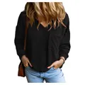Damen V-Ausschnitt Waffelstrick Langarm Pullover Sweatshirt mit Tasche in Schwarz - S / Oberteile / Schwarz