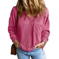 Lässiges rosa Damen-Sweatshirt mit V-Ausschnitt, Rippstruktur und einer Brusttasche - S / Oberteile / Knallpink