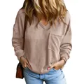 Damen V-Ausschnitt Waffelstrick Pullover mit Tasche in Apricot Beige Farbe - S / Oberteile / Beige